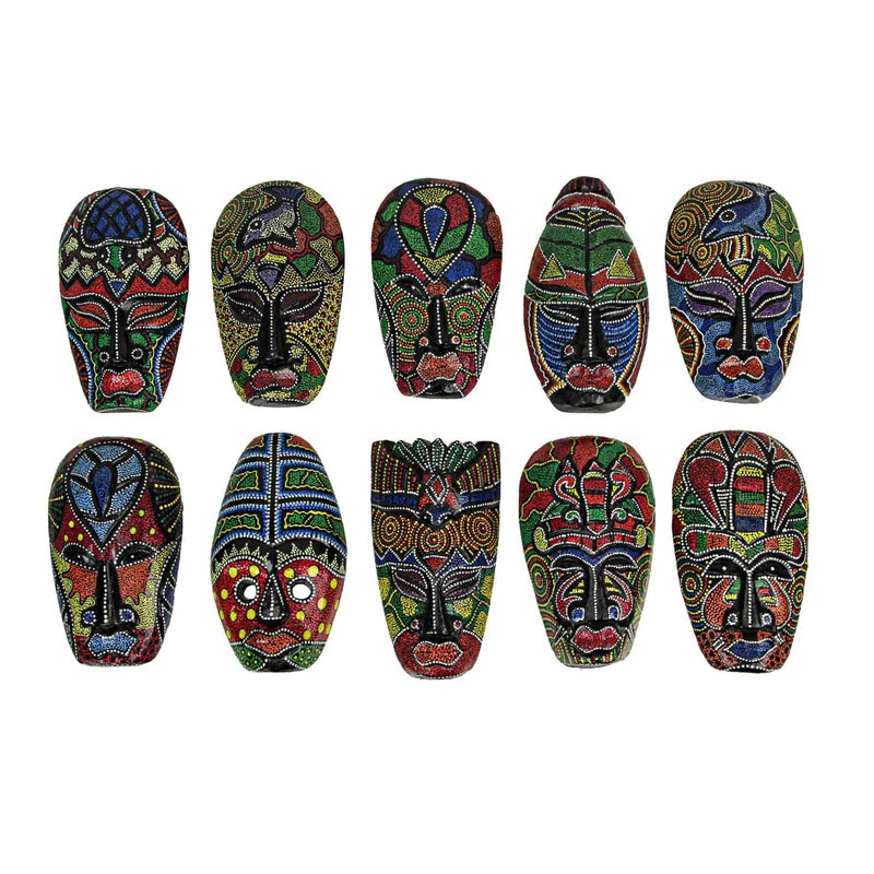 Things2Die4 Set of 10 Colorful Hand Carved Tropical Island Dot Painted Tribal Masks 6 1/2 Inches High Wall Hangings - Image 1